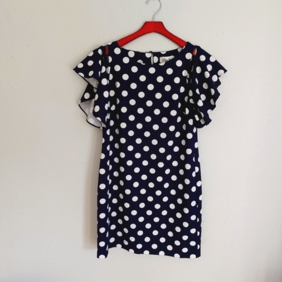 Eliza J Women Size 6 Cold Shoulder Flutter Sleeve Polka Dots Mini Dress - Picture 2 of 8